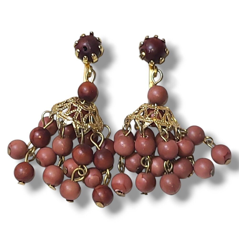 Vintage Gold Tone Mauve Beaded Hong Kong Chandelier Dangle Clip-on Earrings